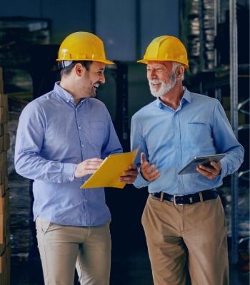 Supply-Chain-Spezialisten besprechen Projekt in Lagerhalle